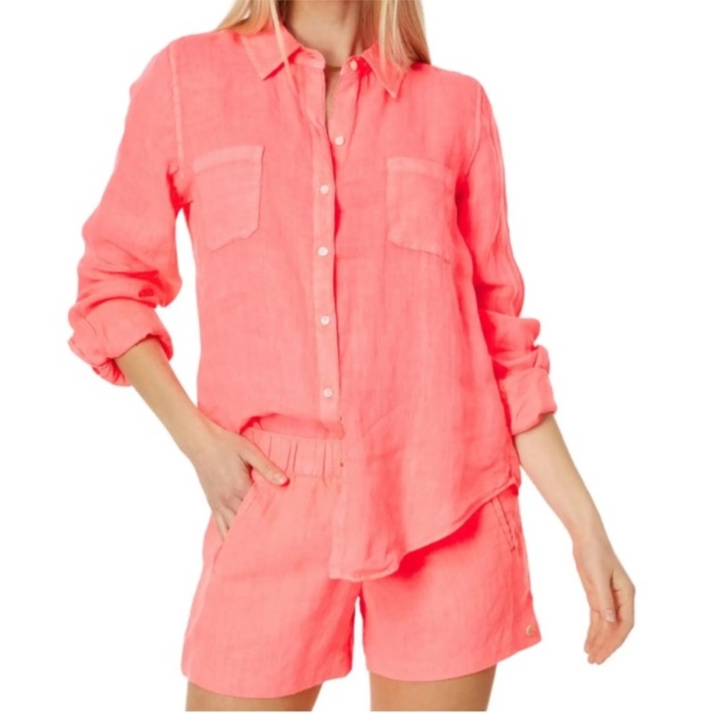 Lilly Pulitzer Sea View Linen Button-Down Top SZ M Sunrise Coral - Picture 3 of 14